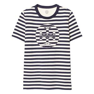 TORY BURCH Navy and Cream/White Striped Double-T Logo Patch T-Shirt Size XXS